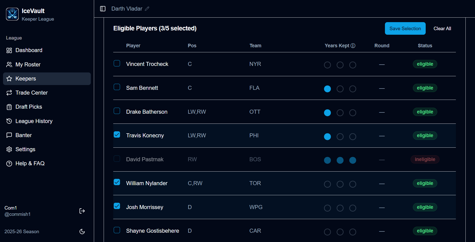 IceVault keeper selection screen showing player eligibility and years held