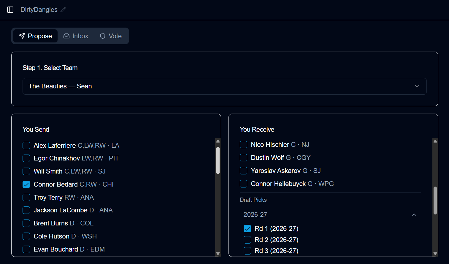IceVault trade centre propose tab with player and future pick trade in progress